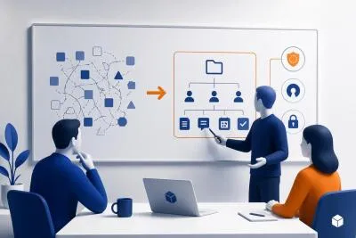 A business presentation illustration showing unorganized, messy data being converted into a structured, secure organizational chart with user roles and documents.